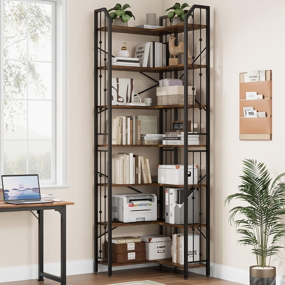 Danolapsi Corner Bookshelf 86" L Shaped Bookcase, h Shaped Bookshelf Arched 7 Tier Shelf, Large Bookcase with Metal Frame, Helf Corner Display Rack for Living Room Bedroom