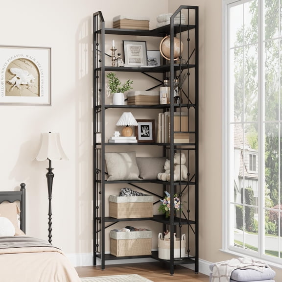 Danolapsi Corner Bookshelf 86" L Shaped Bookcase, h Shaped Bookshelf Arched 7 Tier Shelf, Large Bookcase with Metal Frame, Helf Corner Display Rack for Living Room Bedroom