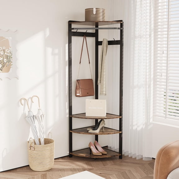 Danolapsi Corner Hall Tree With Shoe Bench Entryway, Corner Coat Rack With 6 Double Hooks, Corner Clothes Rack With Corner Tree With Shoe Bench Shelf for Entryway, Hallway