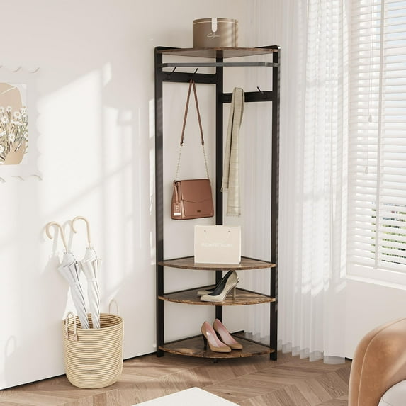 Danolapsi Corner Hall Tree With Shoe Bench Entryway, Corner Coat Rack With 6 Double Hooks, Corner Clothes Rack With Corner Tree With Shoe Bench Shelf for Entryway, Hallway