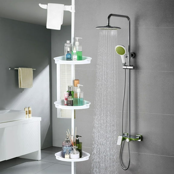 Danolapsi Corner Shower Caddy Tension Pole, 4 Tier Bathroom Shower Shelves Organizer with Adjustable Trays, 101.6 Inch-122 Inch, Bathtub Shelves Shampoo Holder for Inside Shower