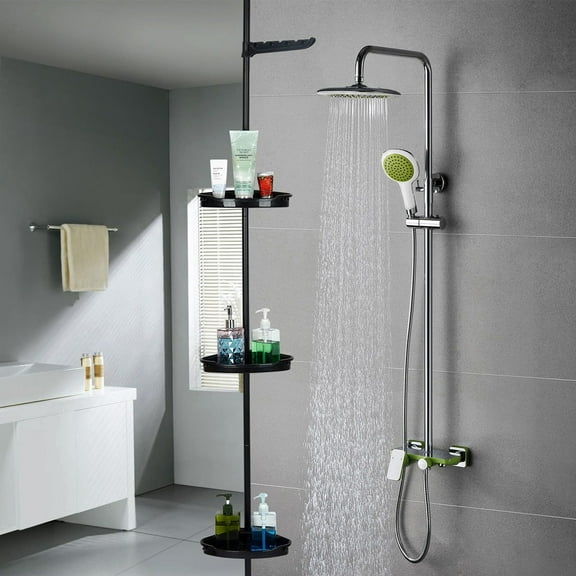 Danolapsi Corner Shower Caddy Tension Pole, 4 Tier Bathroom Shower Shelves Organizer with Adjustable Trays, 101.6 Inch-122 Inch, Bathtub Shelves Shampoo Holder for Inside Shower