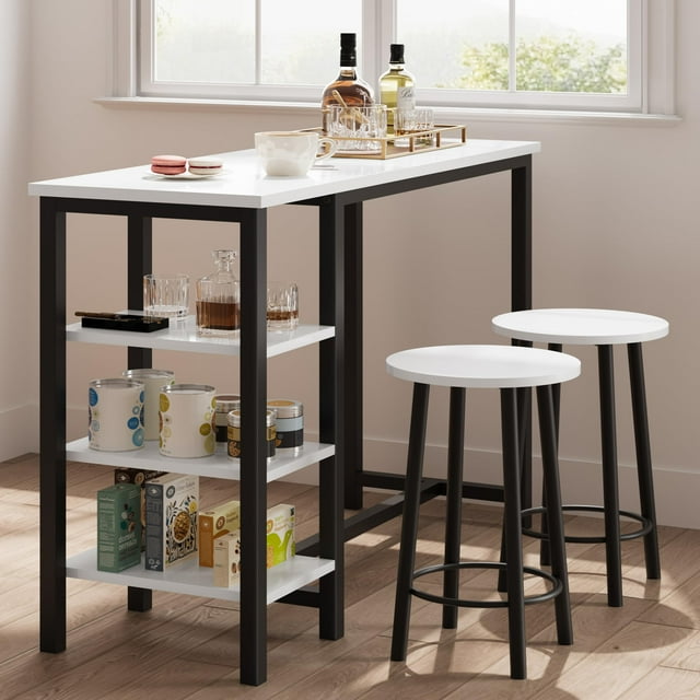 Danolapsi Counter Height Dining Table with Stools, Bar Table Set with 3 Storage Shelves, 3 Piece Dining Table Set for Small Space, Apartment, Kitchen