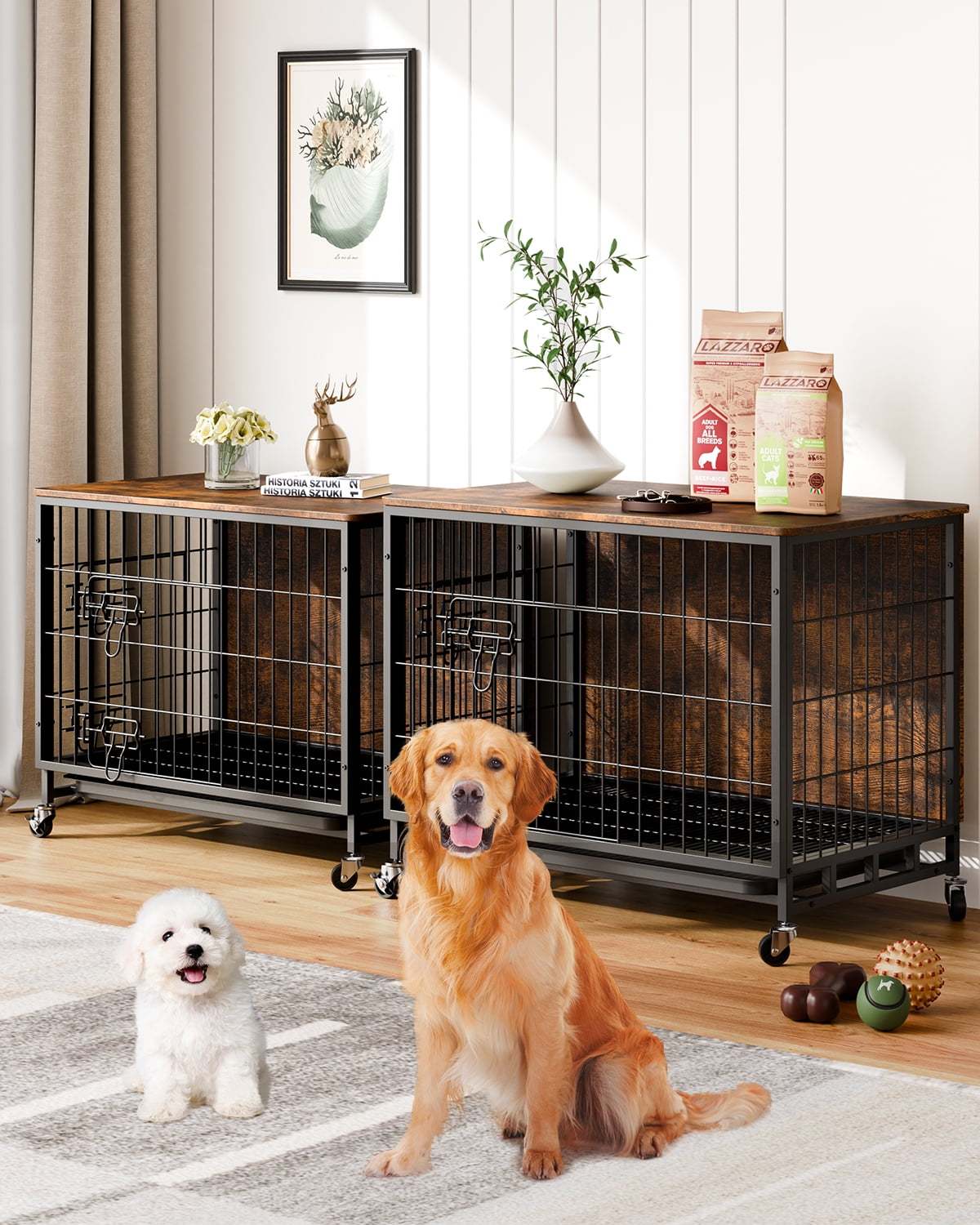 Danolapsi Dog Crate Furniture 32.5 Wooden Dog Kennel with Removable Tray and Wheels Heavy Duty Dog Cage Double Doors Dog Cage Indoor Dog House End Table for Medium Dogs Walmart