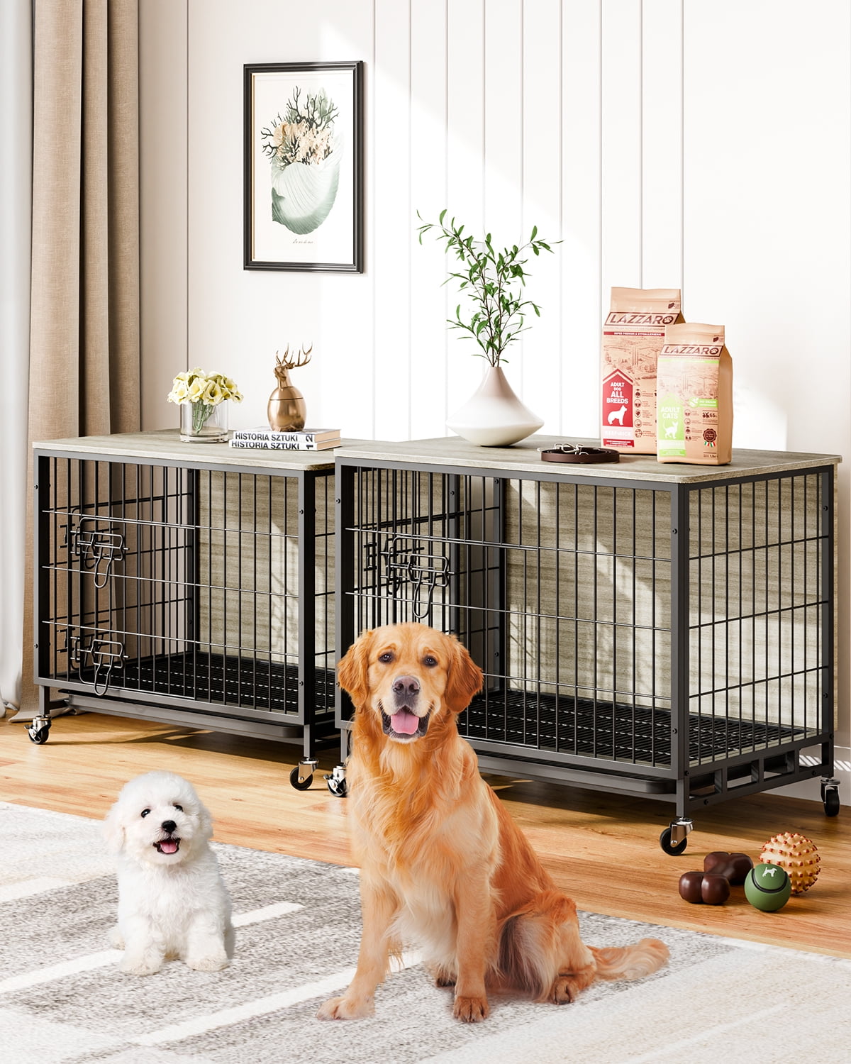 Dog Crate Furniture, Double-Doors Dog Kennel Indoor With Removable Tray And Wheels