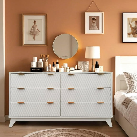 Danolapsi Dresser for Bedroom Wood Chest of Drawers,54" Drip Pattern Six-Drawer Chest with Faux Marble Top,Wide Wood Farmhouse Dresser,Drawer Storage Organizer for Bedroom,Closet,Living Room,Hallway