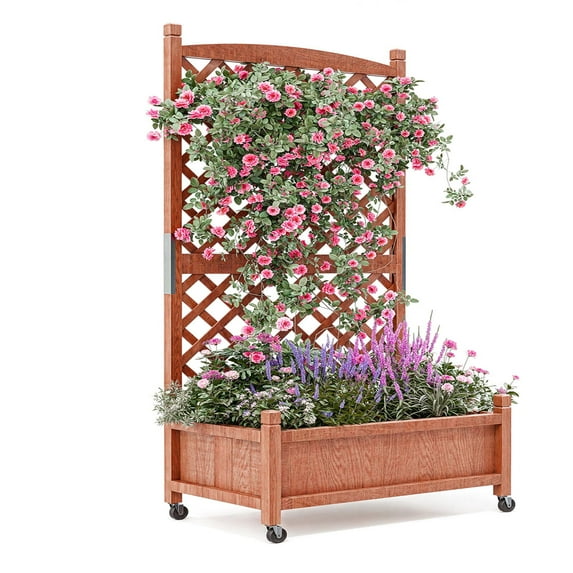 Danolapsi Elevated Wood Garden Bed with Built-in Trellis,Vertical Planter Box with Drainage & Wheels for Easy Mobility,Ideal for Patio, Yard or Outdoor Gardening,29.5"x 26"x 61.5"