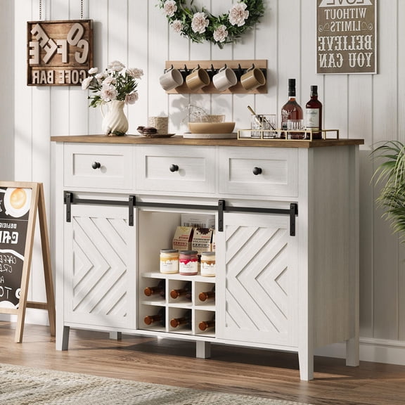 Danolapsi Farmhouse 47.2'' Buffet Cabinet with Sliding Barn Door, 33.4'' Tall Wood Rustic Sideboard with 3 Drawer, Adjustable Shelf and Removable Wine Rack for Dining Room, Kitchen, Living Room