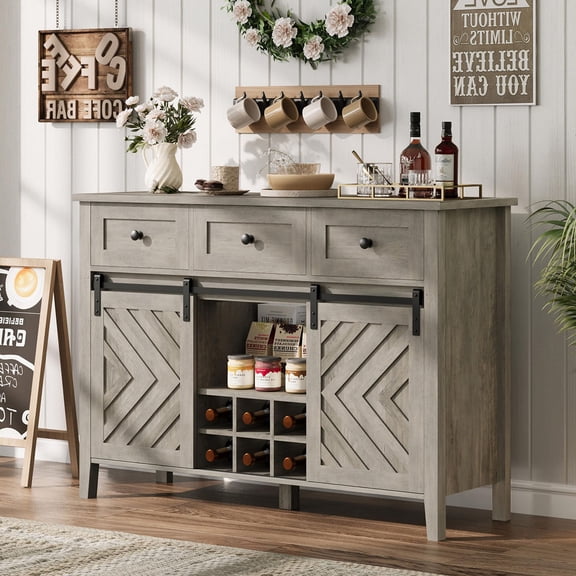 Danolapsi Farmhouse 47.2'' Buffet Cabinet with Sliding Barn Door, 33.4'' Tall Wood Rustic Sideboard with 3 Drawer, Adjustable Shelf and Removable Wine Rack for Dining Room, Kitchen, Living Room