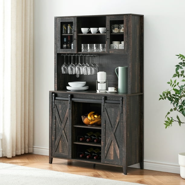 Danolapsi Farmhouse Bar Cabinet with Sliding Barn Door 70 Rustic Buffet with Hutch with Wine and Glasses Rack Storage Shelves Liquor Cabinet Sideboard Cupboard for Kitchen Dining Room Walmart Business...