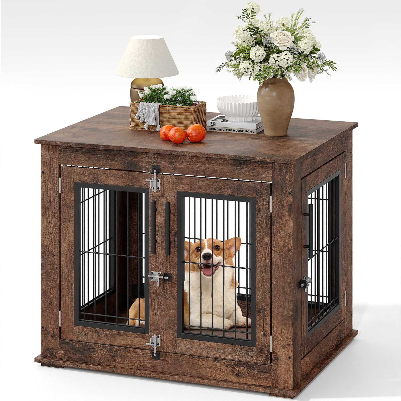 Danolapsi Farmhouse Dog Crate Furniture End Table,Heavy Duty Wooden Kennel Cabinet with Double Doors for Small/Medium Dogs, Rustic Brown Indoor Dog House Furniture Console for Living Room