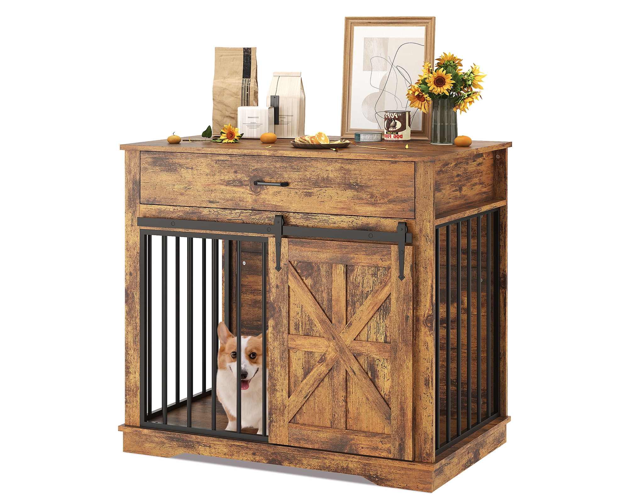 Danolapsi Farmhouse Style 2-in-1 Dog Crate,37.8" Dog Crate Furniture with Sliding Barn Door for Small/Medium Dogs, Dual Function as Side Table with Storage Drawer, 2-in-1 Iron-Wood Fusion Design
