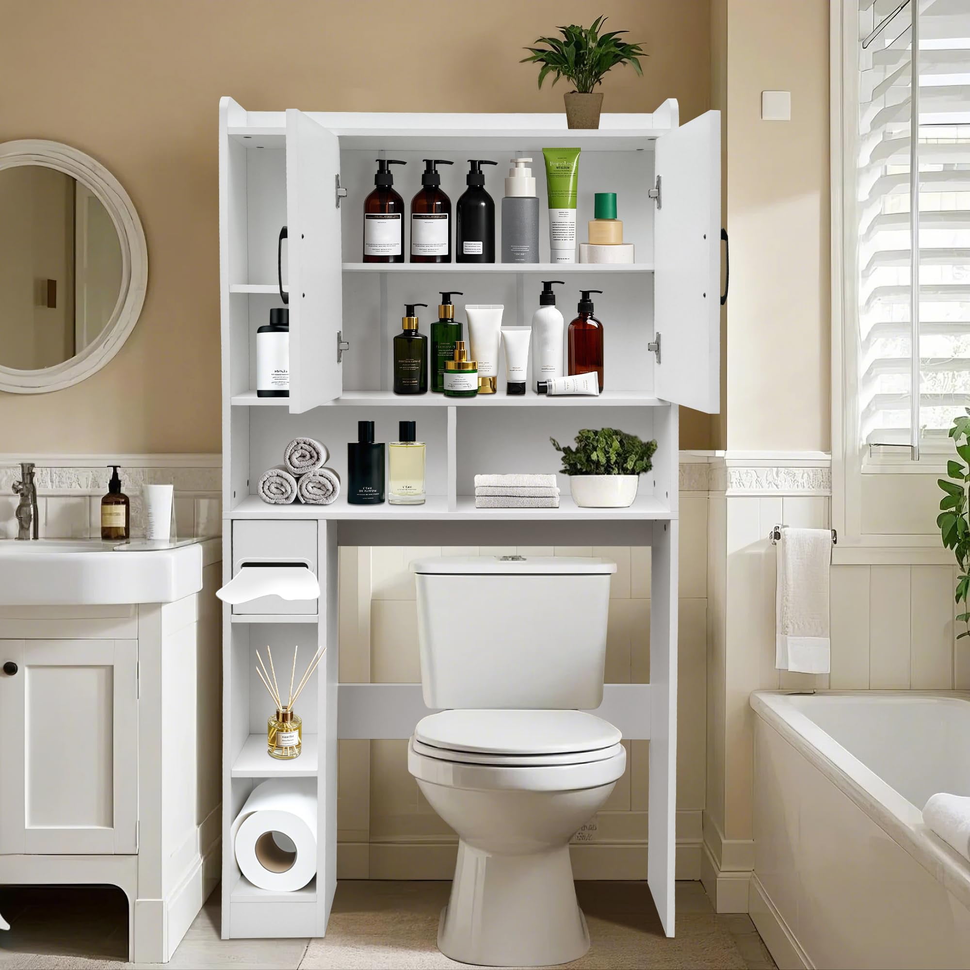 White Adjustable Over-the-Toilet Storage Cabinet with Barn Doors