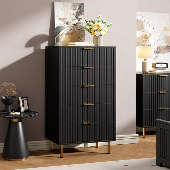 Danolapsi Fluted 5 Drawer Dresser, 48inch Tall Modern Chest of Drawers with Deep Drawers and Wide Top, Wooden Dresser Organizer for Bedroom,Living Room, Hallway, Kids Room