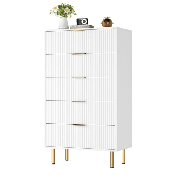 Danolapsi Fluted 5 Drawers Dresser for Bedroom,48" Tall Modern Chest of Drawers with Gold Handle,Wood Drawer Organizer for Bedroom,Living Room, Hallway,Entryway