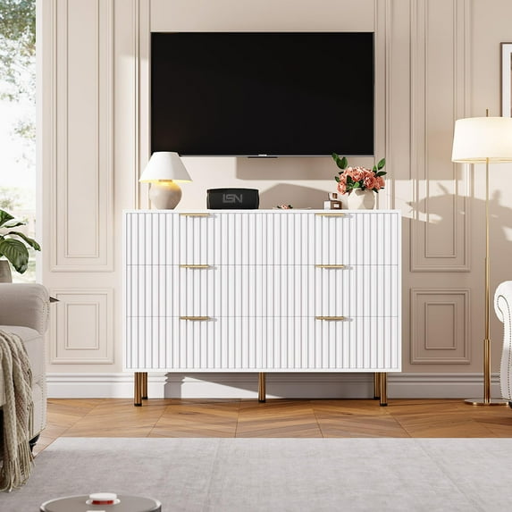 Danolapsi Fluted 6 Drawer Wide Dresser, Modern Chest with Spacious Deep Drawers, Wooden Organizer Ideal for Living Room, Hallway