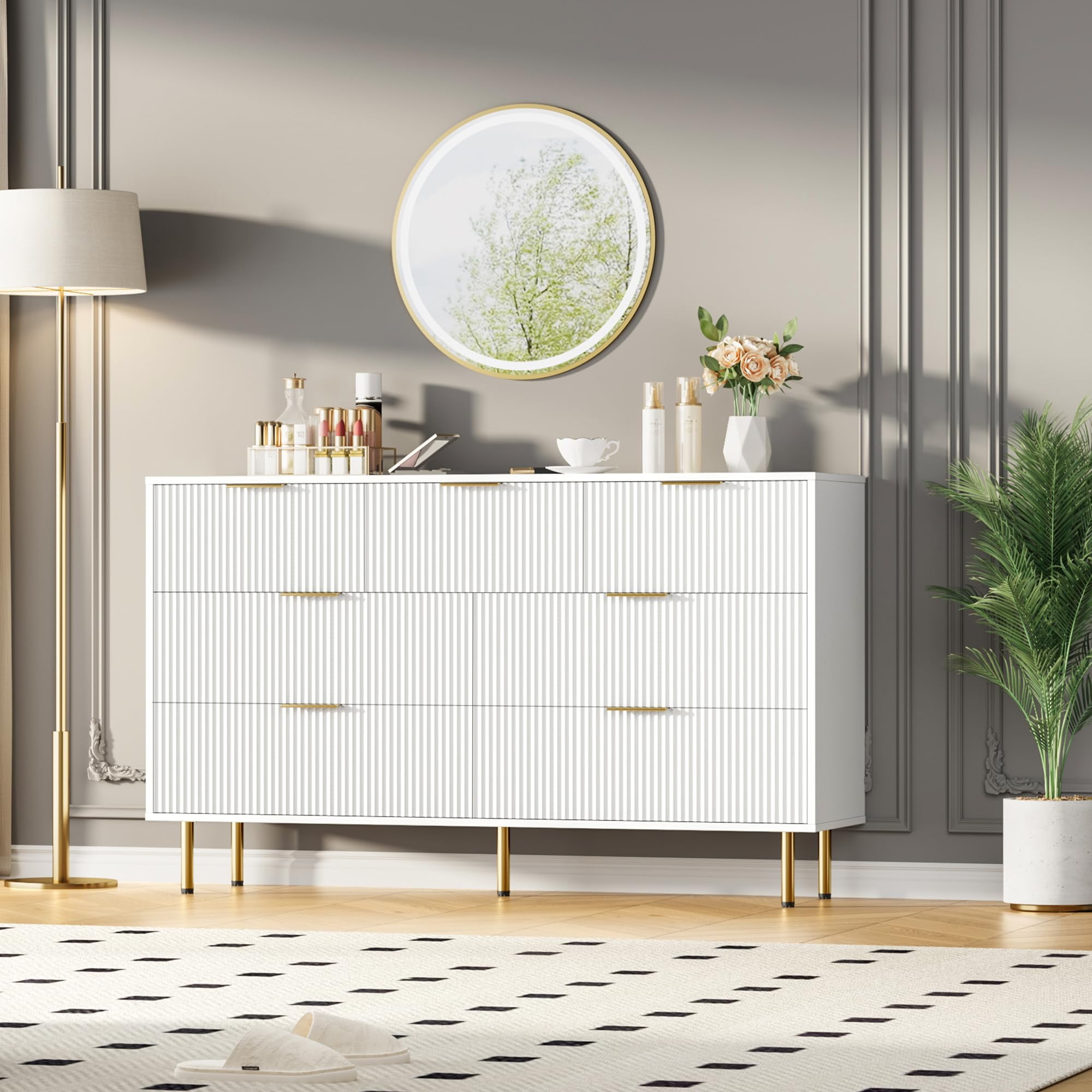 White Fluted 7-Drawer Dresser with Gold Handles