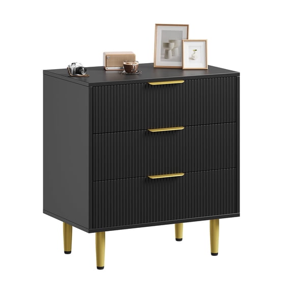 Danolapsi Fluted Dresser for Bedroom with 3 Drawers, Wooden Chest of Drawers with Metal Handle & Feet, Black Dresser for Living Room, Hallway, Bedroom
