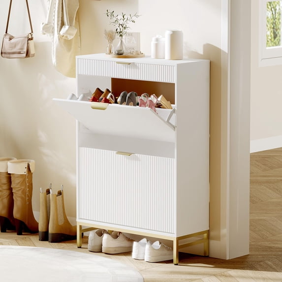 Danolapsi Fluted Shoe Cabinet with 2 Flip Drawers, a Drawer, a Hook, Modern Narrow Shoe Storage, Farmhouse Wooden Shoe Organizer with Metal Legs, Closed Shoe Racks for Entryway
