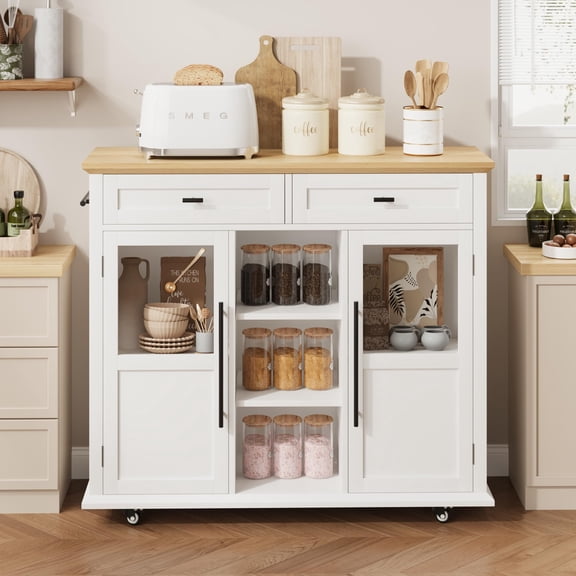 Danolapsi Foldable Kitchen Island Cart with Wheels, 2 Glass Doors, Spice Rack & Towel Holder,Compact Mobile Storage Cart for Small Kitchens, Dining Rooms, Camping & RVs