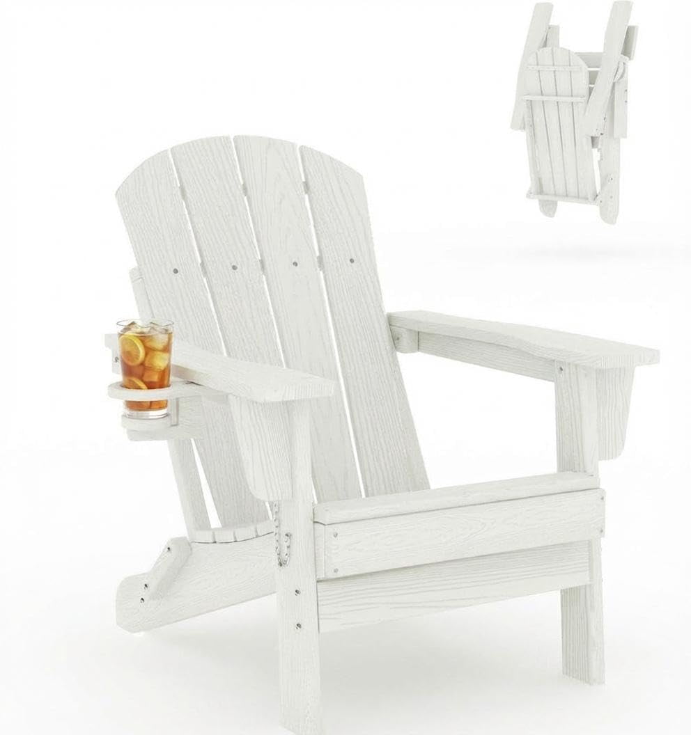 Danolapsi Folding Adirondack Chair, HDPE Outdoor Patio Chair with Cup Holder, All-Weather Wooden Textured Resistant for Backyard, Lawn, Garden, Fire Pit,Easy Assembly
