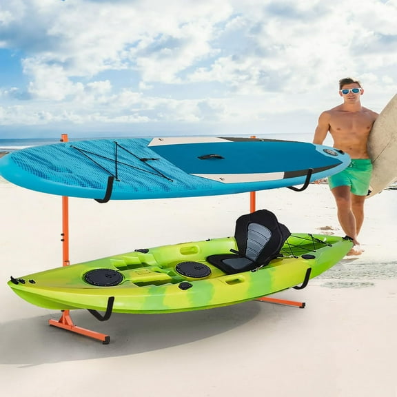 Danolapsi Freestanding Kayak Storage Rack, Kayak Rack for Indoor and Outdoor Storage, Heavy-Duty Steel Kayak Stand with Padded Arms and Adjustable Width, for Kayaks, Canoes, SUPs, Paddleboards & Surfb