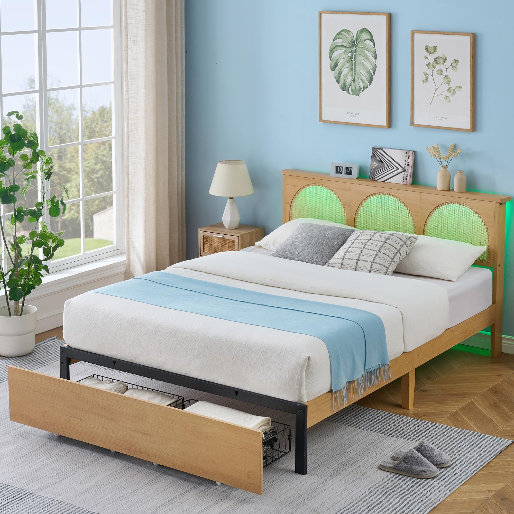 Full Natural Rattan Bed Frame with LED Headboard and Storage Drawers