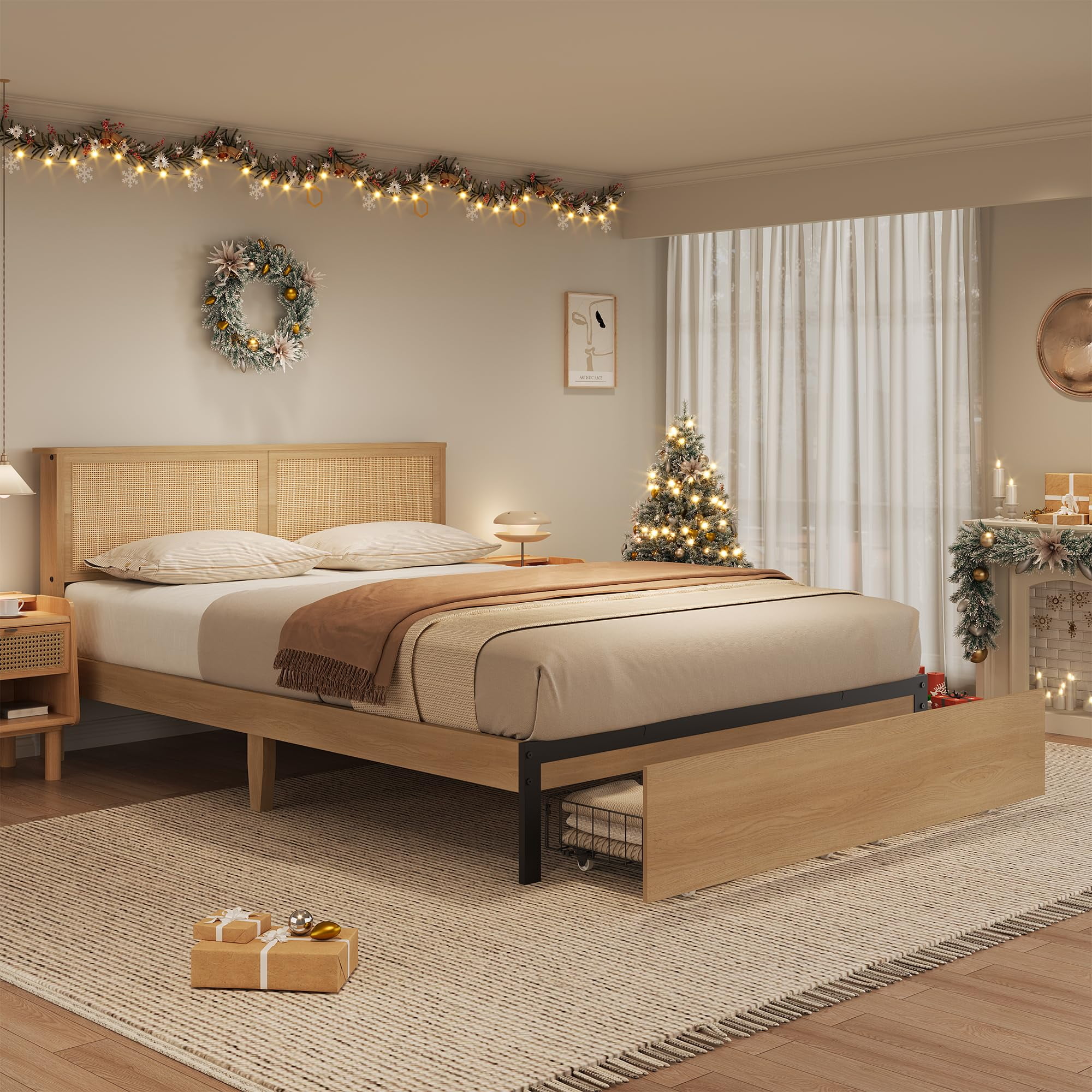 Full / Queen Platform Bed with Storage Drawers and Headboard in Natural
