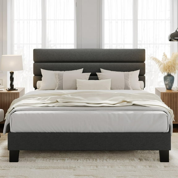 Danolapsi king Size Bed Frame Platform Bed with Adjustable Headboard, Linen Fabric Upholstered and Wooden Slats Support, Heavy Duty Mattress Foundation, No Box Spring Needed, Easy Assembly