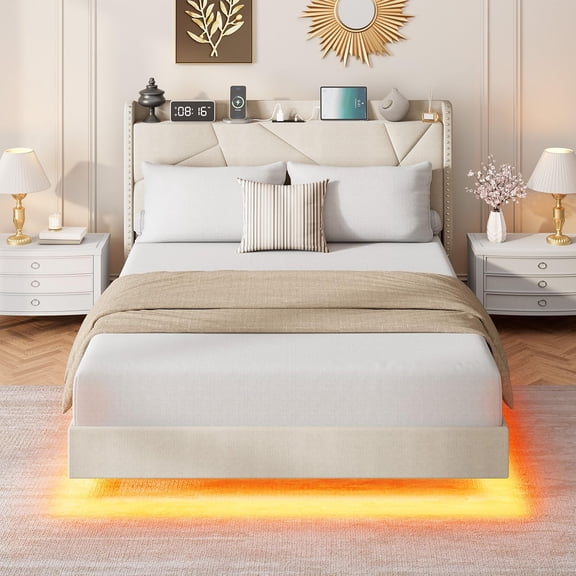 Danolapsi Full Size Floating Bed Frame, Suspended Bed with RGB LED Lights and Charging Station, Upholstered Bed Frame with Storage Headboard and Button Tufted, No Box Spring Needed