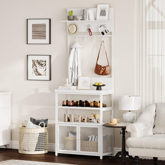 Danolapsi Hall Tree with Doors White 72.8in Coat Rack Shoe Storage Narrow Coat Tree Shoe Shelf Organizer with 7 Hooks,Multifunctional Hallway Shoe Cabinet for Entryway Bedroom and Mudroom