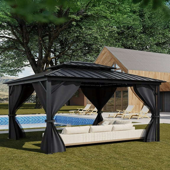 Danolapsi Hardtop Gazebo 12' x 14', with Galvanized Steel Double Roof Canopy, Permanent Outdoor Metal Pavilion, with Netting and Curtains, for Backyard, Pario and Lawn(ship in 5 boxes)