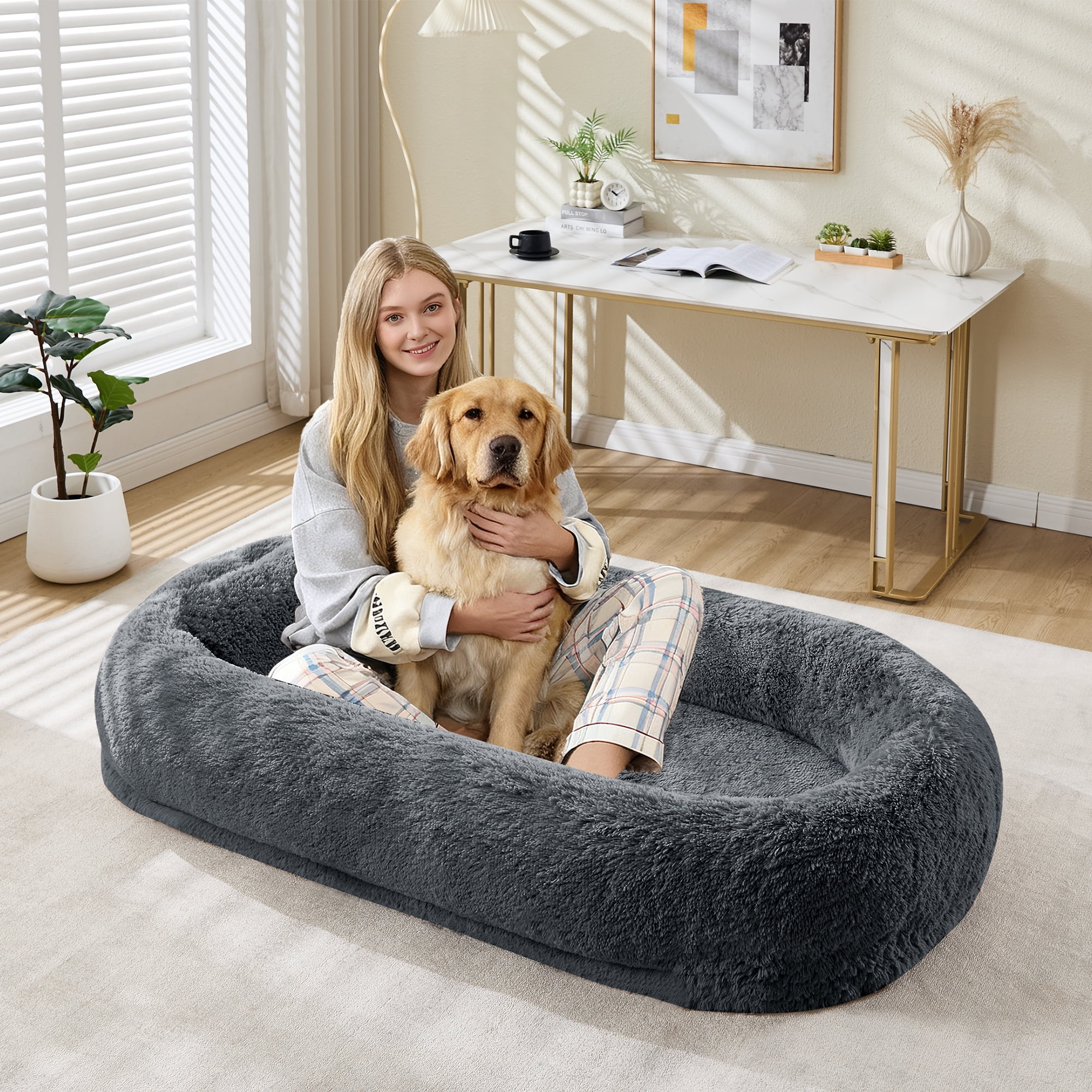 Danolapsi Human Dog Bed for Adult & Pets, Faux Fur Removable Human Dogs Bed with Pillow, Portable Handle, Side Pocket, Egg Orthopedic Foam, Large Dog Beds for Bedroom Living Room Office