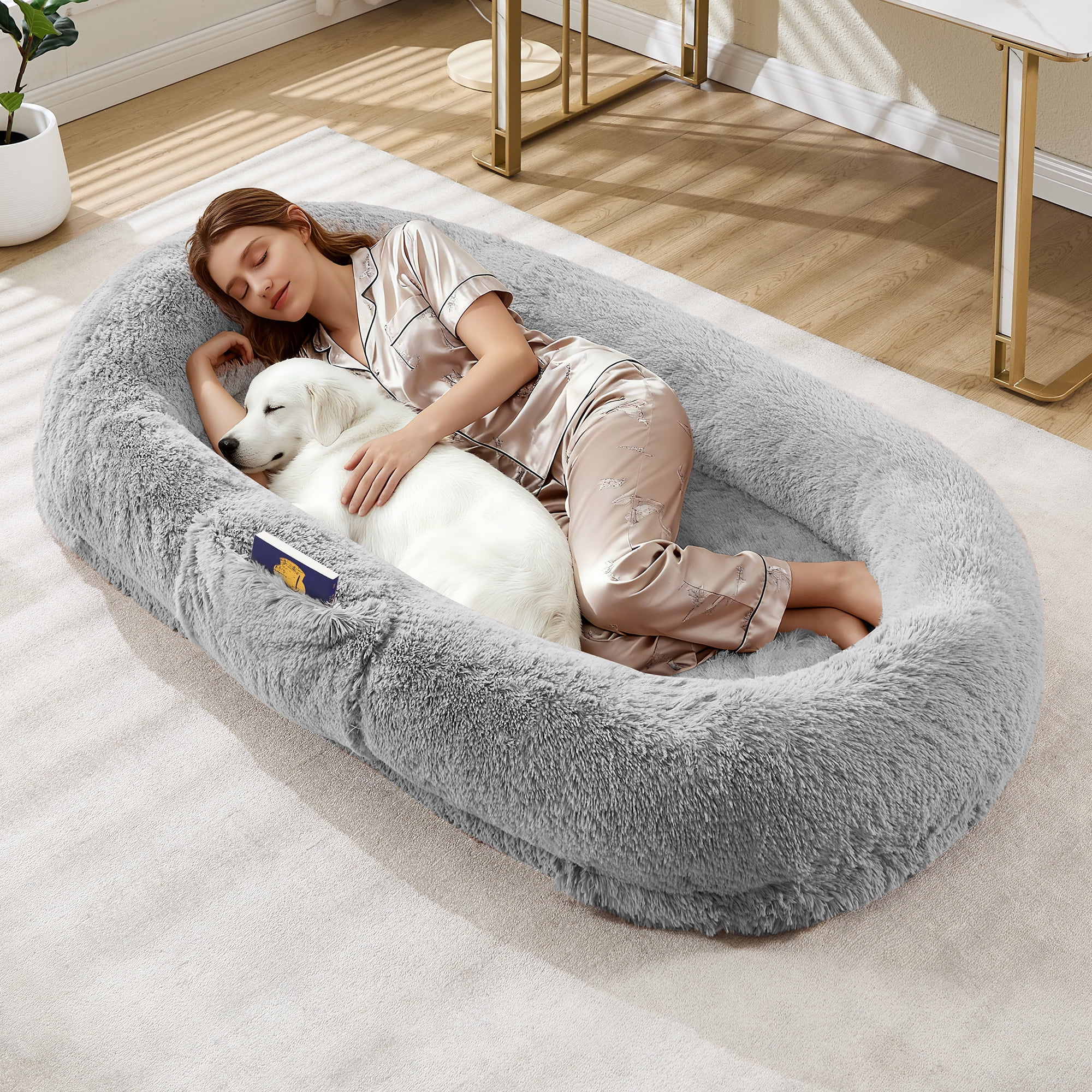 Danolapsi Human Dog Bed for Adult and Pets. Washable  Faux Fur. Napping Orthopedic Dog Bed with Side Pocket. Strap.No Assembly Required