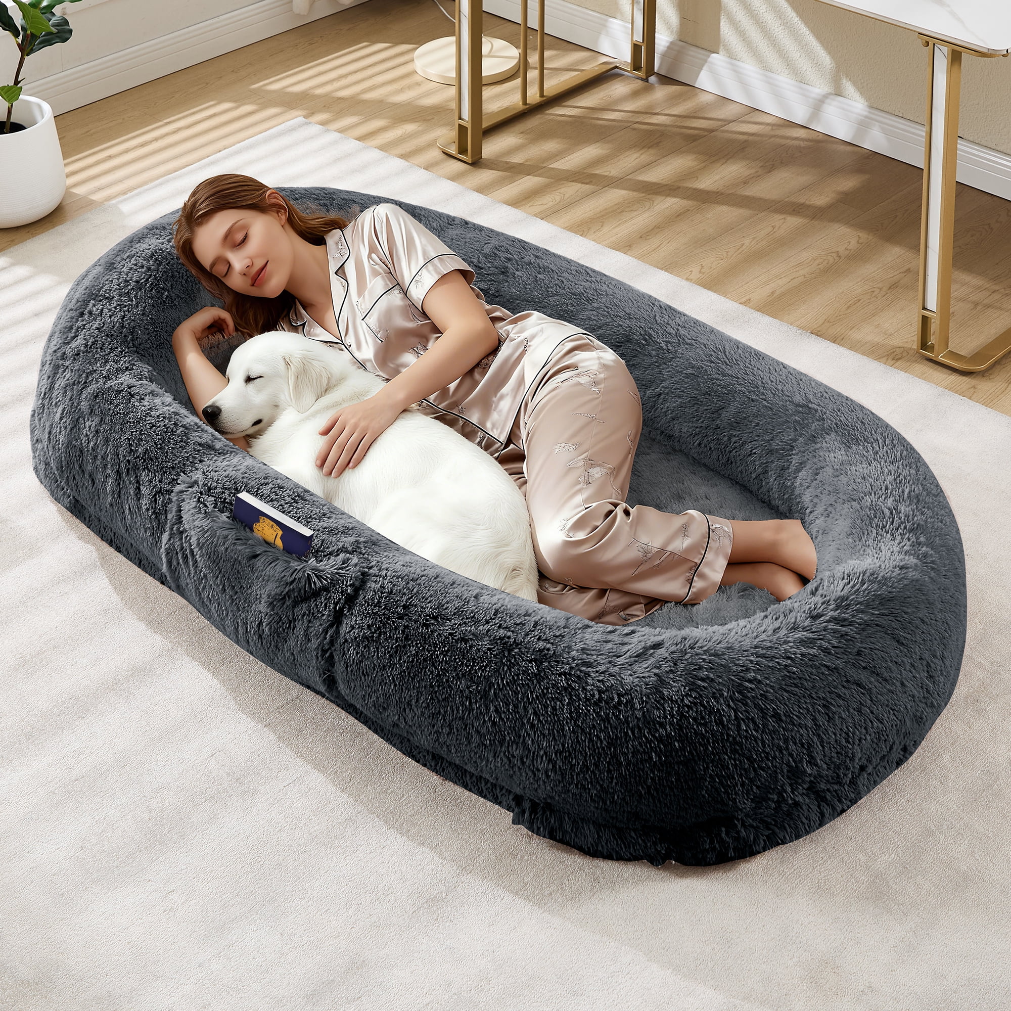 Danolapsi Human Dog Bed for Adult and Pets. Washable  Faux Fur. Napping Orthopedic Dog Bed with Side Pocket. Strap.No Assembly Required
