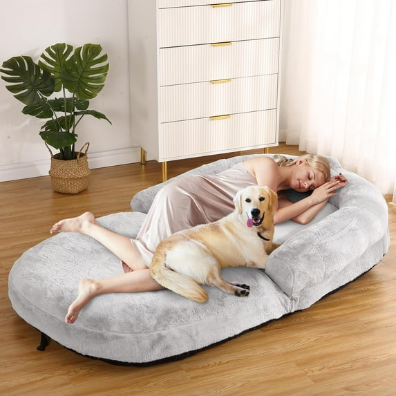 Danolapsi Human Size Dog Bed for Adult, Foldable Adult Dog Bed for Humans, 71"x43"x10" Giant Dog Bed with Washable Faux Fur Cover Fits You and Pets, Napping Dog Bed