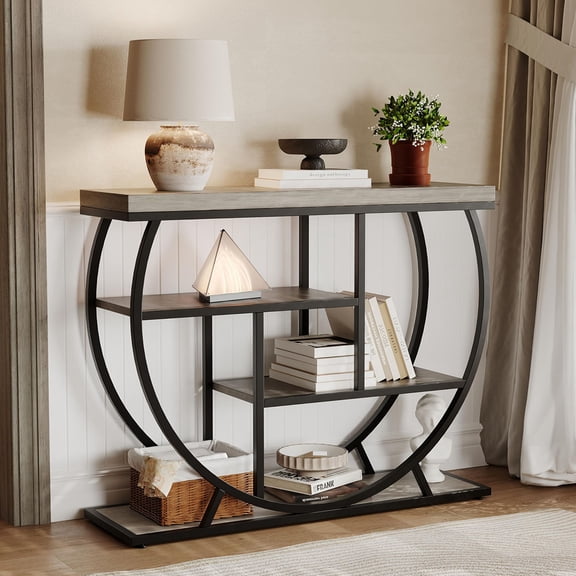 Danolapsi Industrial 4-Tier Narrow Console Table,Entryway Table with Storage, Behind Couch with Half-Circle Base & Storage Shelves for Living Room, Hallway, Foyer