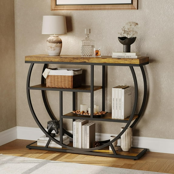 Danolapsi Industrial 4-Tier Narrow Console Table,Entryway Table with Storage, Behind Couch with Half-Circle Base & Storage Shelves for Living Room, Hallway, Foyer