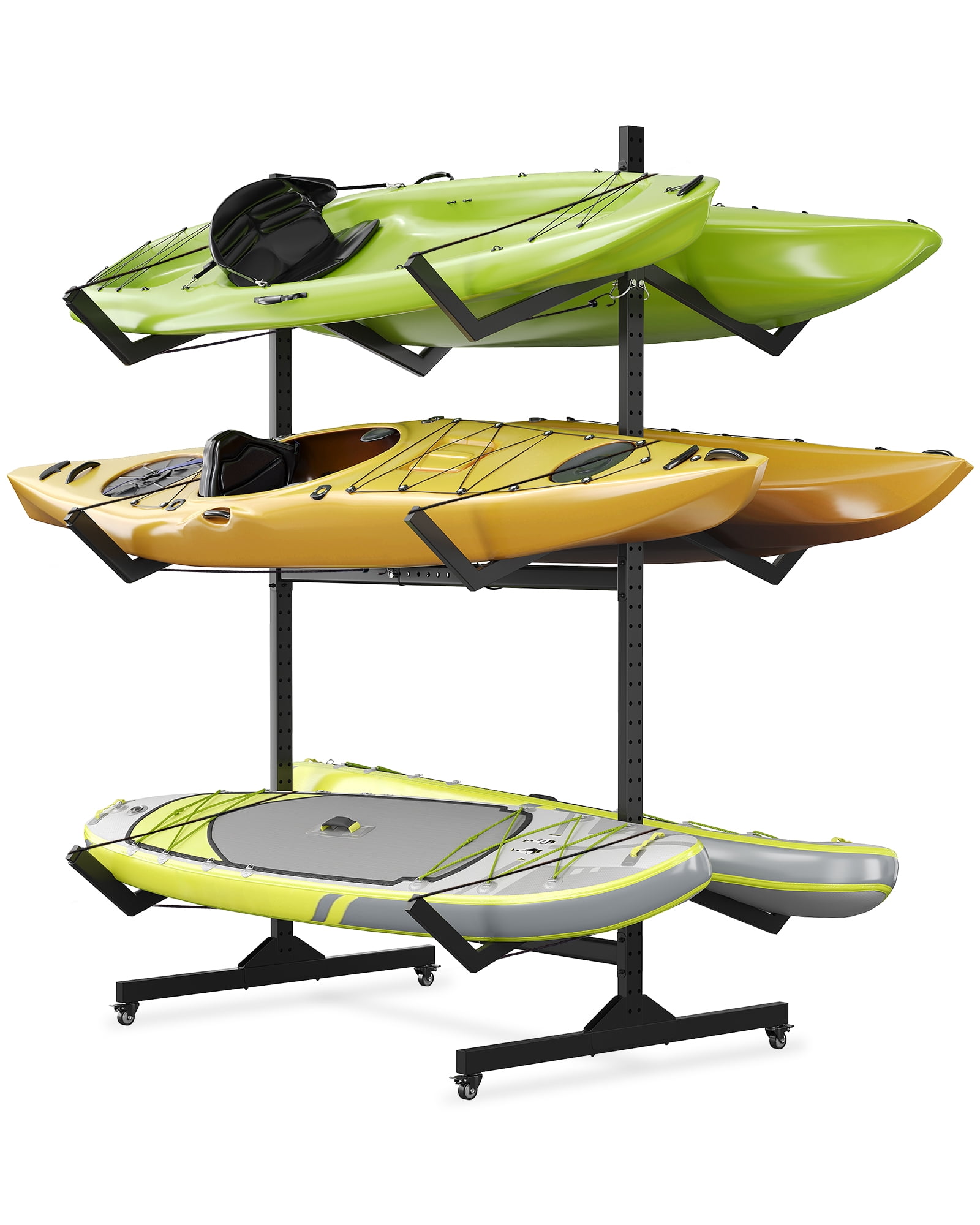 Danolapsi Kayak Storage Rack for 2-6 Kayaks Freestanding Kayak Rack for Outdoor Storage with Movable Wheels, Heavy-Duty Steel Kayak Hanger Holder with Hanging Straps