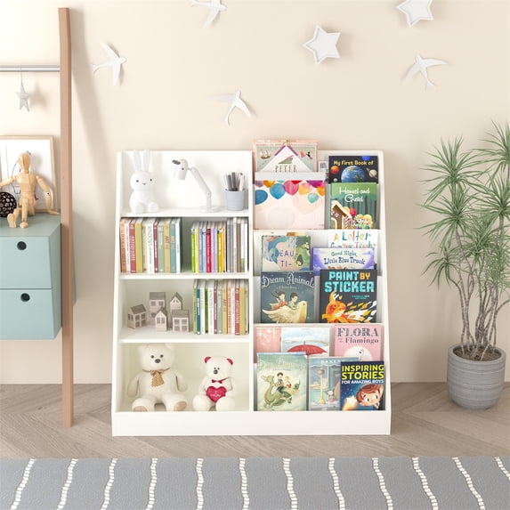 Danolapsi Kids Bookshelf and Toy Storage Organizer, Multifunctional 4 Tier Wooden Kids Book Shelf with Bookcase Display Stand in Kids Room Playroom Nursery for Kids, Children, Toddlers