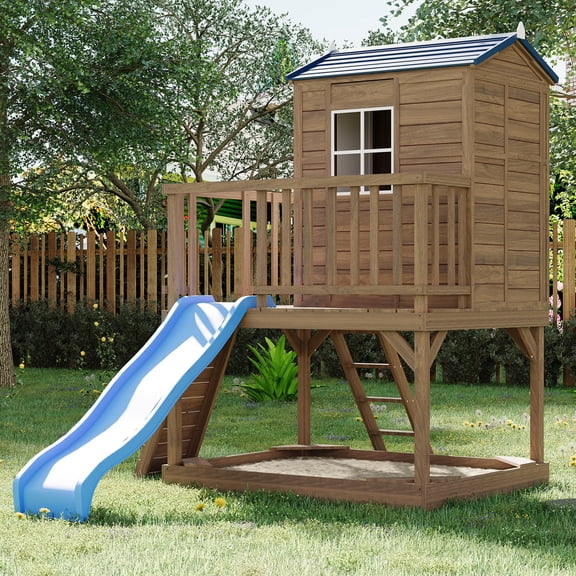 Danolapsi Kids Outdoor Playhouse with Slide, 2 Story Wooden Playhouse with Sandbox, Elevated Cedar Wooden Kids Playhouse with Step Ladder(ship in 3 boxes)