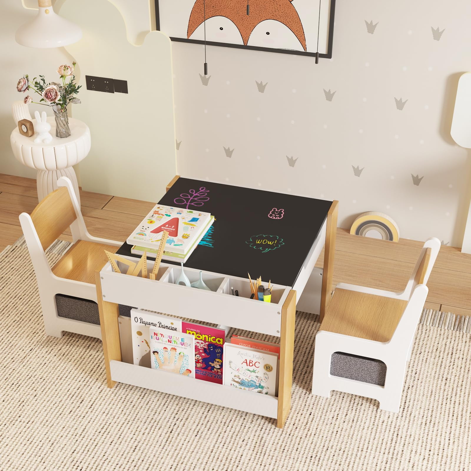 Danolapsi Kids Table and Chair Set, 4 in 1 Wooden Activity Table & 2 ...