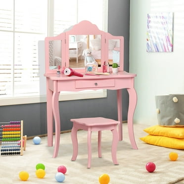 HomVent Kids Vanity Set - Wooden Makeup Table With 3-Fold Mirror, Stool, Pink Dresser For Girls Bedroom