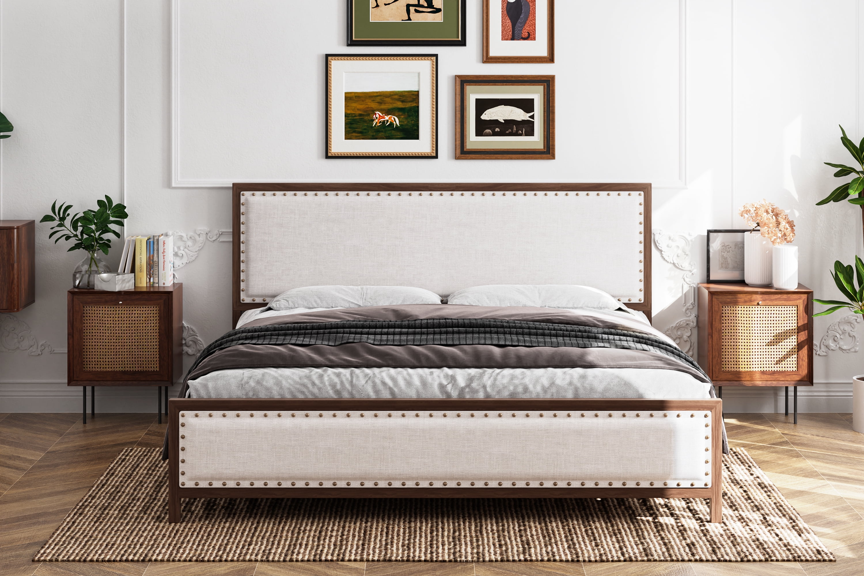 Danolapsi King Bed Frame Upholstered Platform Bed with Linen Headboard