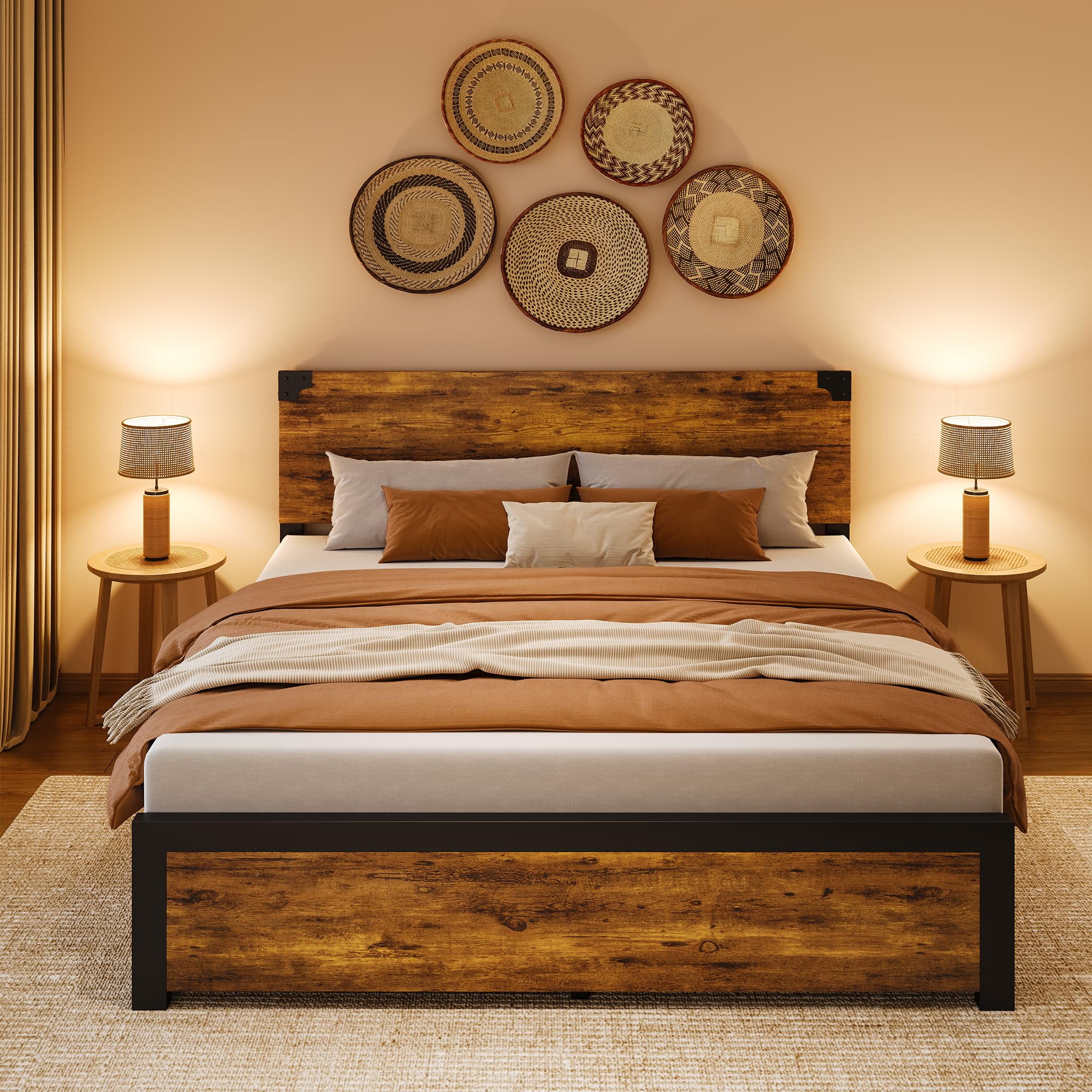 Danolapsi King Size Bed Frame with Wooden Headboard,King Platform Bed ...