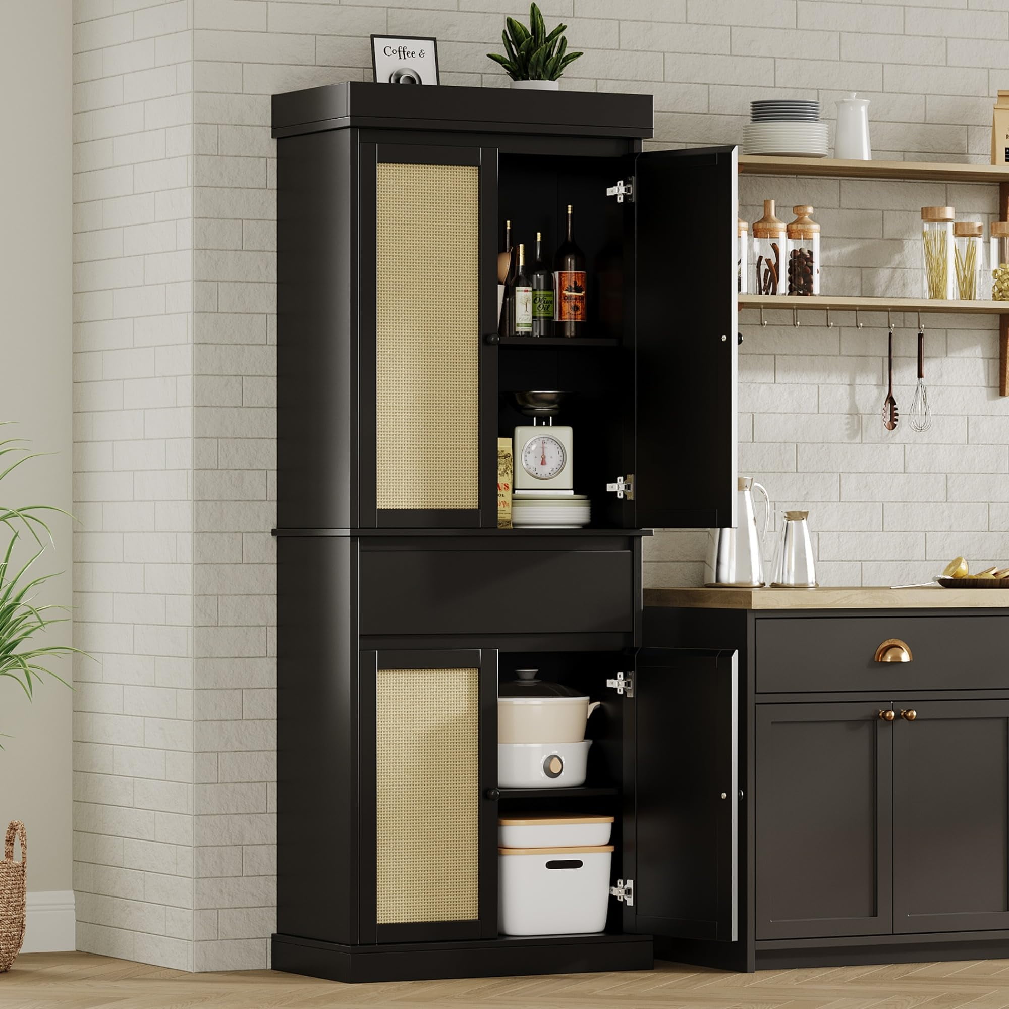 Tall Black Engineered Wood Kitchen Pantry Cabinet with Rattan Doors