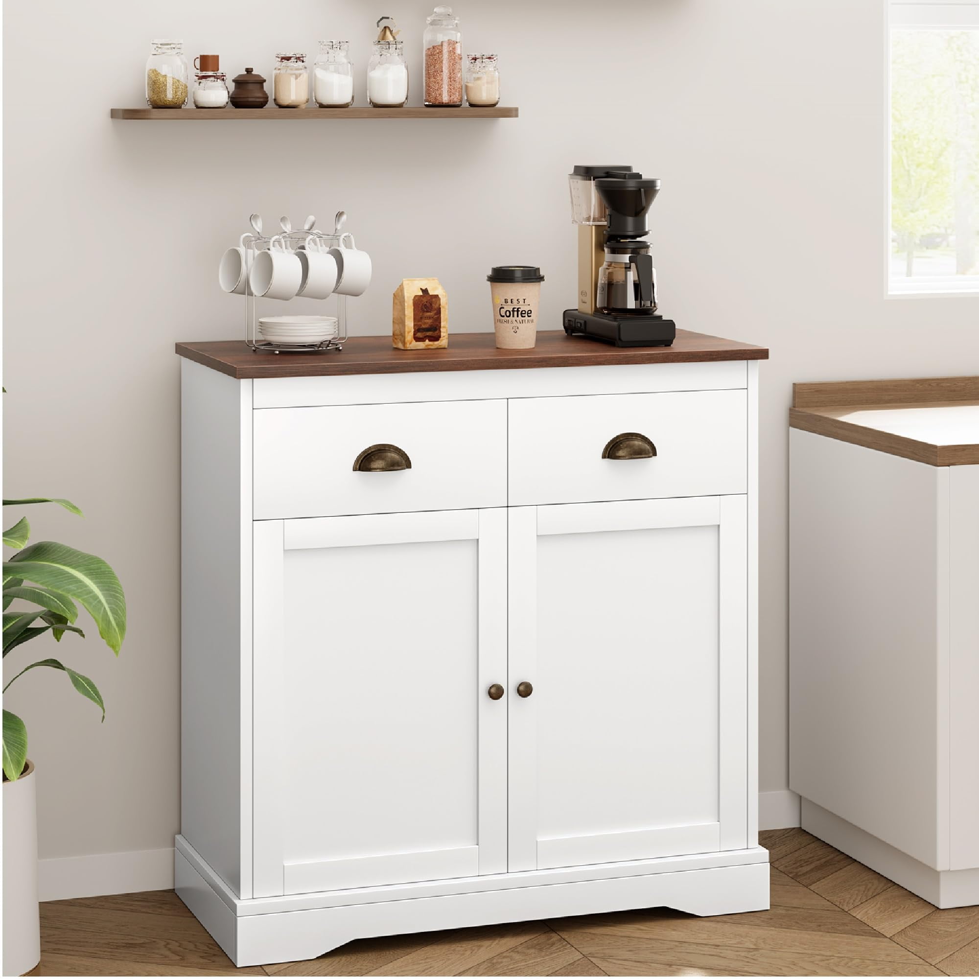 White 2-Drawer Wooden Buffet Cabinet with Dark Brown Top