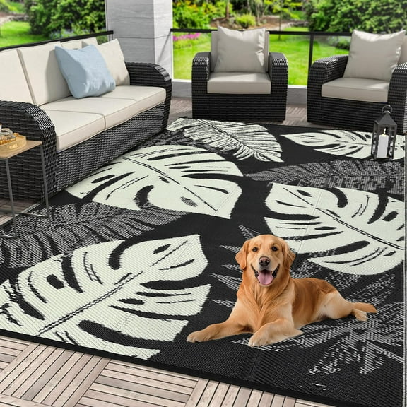 Danolapsi Large Outdoor Rug,8*12ft Waterproof Plastic Straw Rug, Modern Tropics Palm Leaves Camping Rug for Patio, Reversible Mat for Outside Patio RV Porch Deck Balcony