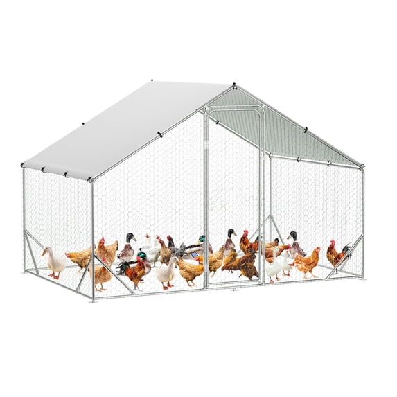 Danolapsi Metal Chicken Coop 9.8' x 6.5' x 6.5' Chicken Coop Run for Yard,Galvanized Steel Chicken Pen with Anti-Ultraviolet Waterproof Cover,Spire-Roof Walk-in Poultry Cage,for Outdoor Farm Use