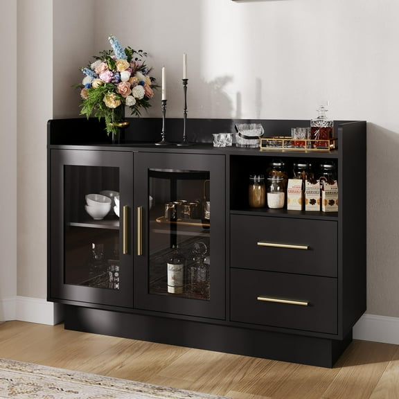 Danolapsi Modern Bar Cabinet with LED Lights & Glass Doors,High Capacity Coffee Station & Wine Bar Buffet for Kitchen, Dining Room, Living Room